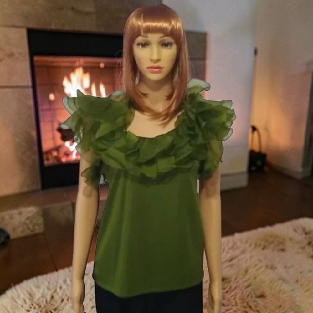 Vintage Blouse 60s Phillips 66 Green Chiffon Clown Ruffle Special Occasion NOS